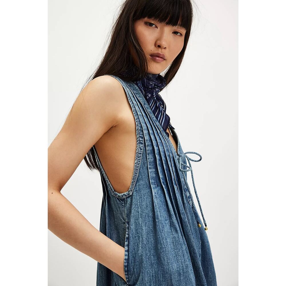 Free People Webster Denim Romper Falling Rain Wash Small Classic Timeless NWT - Picture 4 of 11